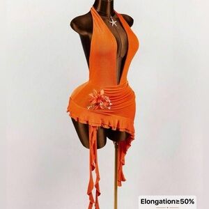 AMPLOVA Pleated Asymmetrical Hem Deep V Sexy Midi Dress. Burnt Orange.